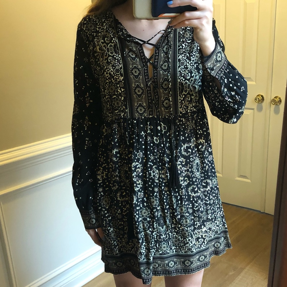 Black Printed Long Sleeve Dress